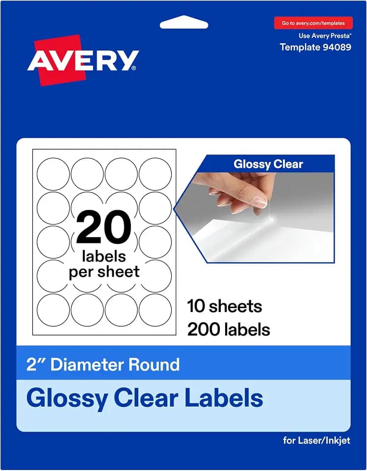 Avery Glossy Clear Round Labels, 2" Diameter, Laser/Inkjet Printer Compatible, 200 Printable Labels Total, Great for Branding, Packaging, Organizing, and More
