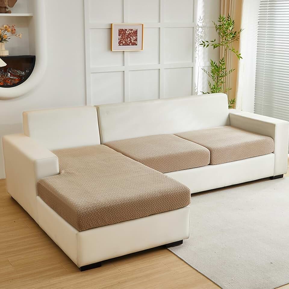 Yoovat Couch Cushion Covers for Sofa Couch Covers Wear-Resistant Universal Sofa Cover Washable Stretch for Sectional Slipcovers (Texture-Light Coffee, 2 Seats + Chaise Cover)