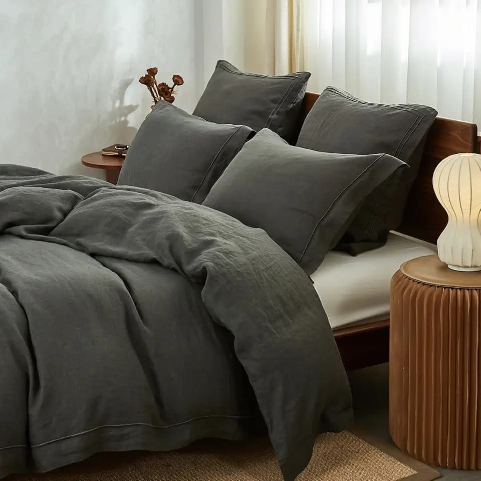 Simple&Opulence 100% French Linen Duvet Cover Set with Embroidered,3 Pcs Washed Soft Farmhouse Bedding Set with Button Closure,1 Comforter Cover and 2 Pillowshams(King,Dark Grey)