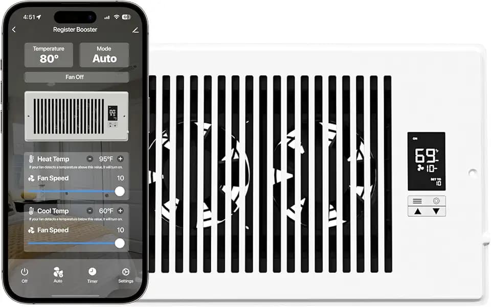 Quietcool Register Booster Fan for 6" x 10" Registers - Smart App Control - Quiet Vent Fan with Auto Thermostat - 10 Speeds