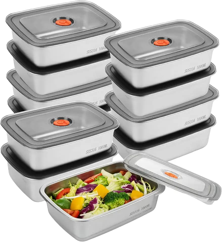 Pack of 10 Stainless Steel Food Storage Containers, 1000ml Metal Meal Prep Containers with Lids, Rectangular Storage Boxes for Leftovers, Snacks and Picnic