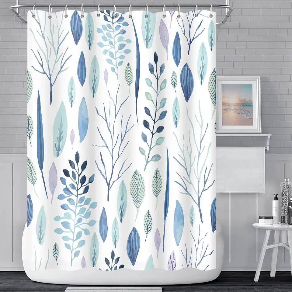 Watercolor Teal Eucalyptus Leaves Bathroom Shower Curtain 72x84 Inch