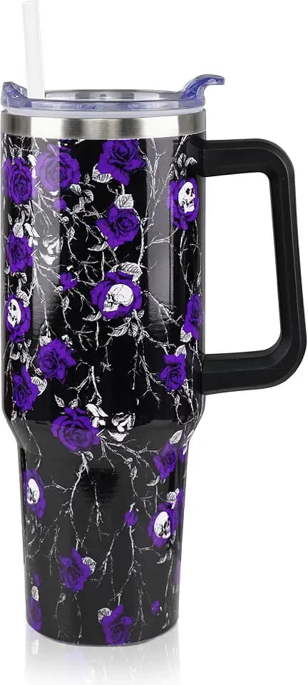 40 oz Halloween Tumbler with Lid and Straw, Stainless Steel Insulated Skull Tumbler 40 oz, Reusable Skull Flowers Cup with Leak Proof Lid, Halloween Gifts for Women