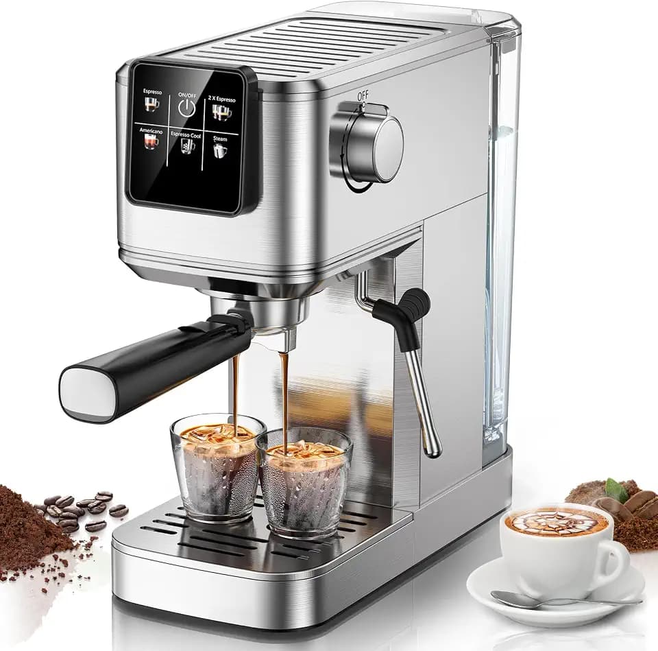 Espresso Machine 20 Bar with Touch Screen, Hot & Iced Coffee Makers, Stainless Steel Espresso Maker with Rapid Cold Brew & Milk Frother Steam Wand, with Water Tank for Latte, Cappuccino, Gift
