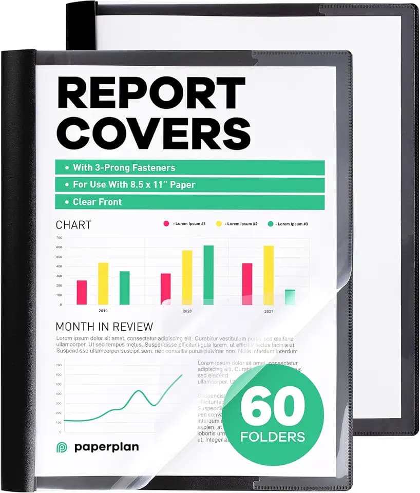 Paper Plan Report Covers - (60 Set), 8.5 x 11 Letter Size, 3-Prong Fasteners, Clear Front Plastic Folders - Perfect for Presenting Resumes, Proposals, and More with Professionalism