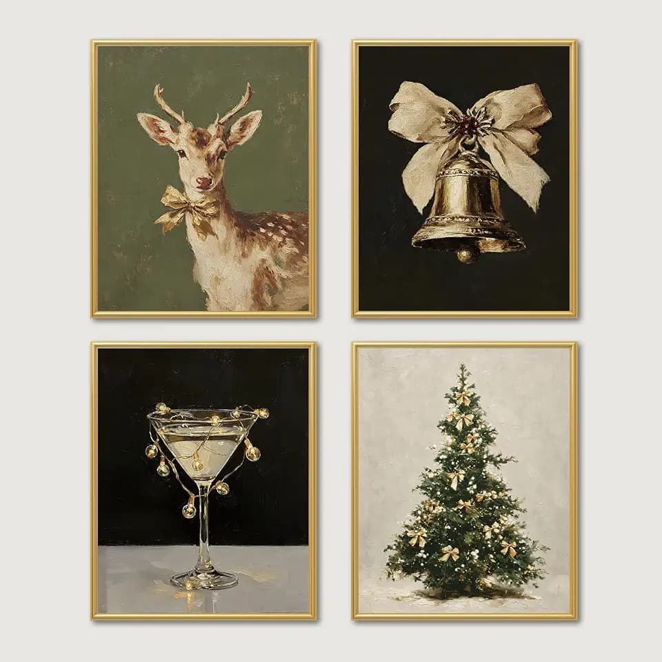 Feronty Vintage Bow Christmas Wall Art Prints, Deer Bell Cocktail Christmas Tree Posters for Living Room Bedroom Kitchen Bar Cart, Winter Holiday Decor, 8x10 Unframed, Set of 4