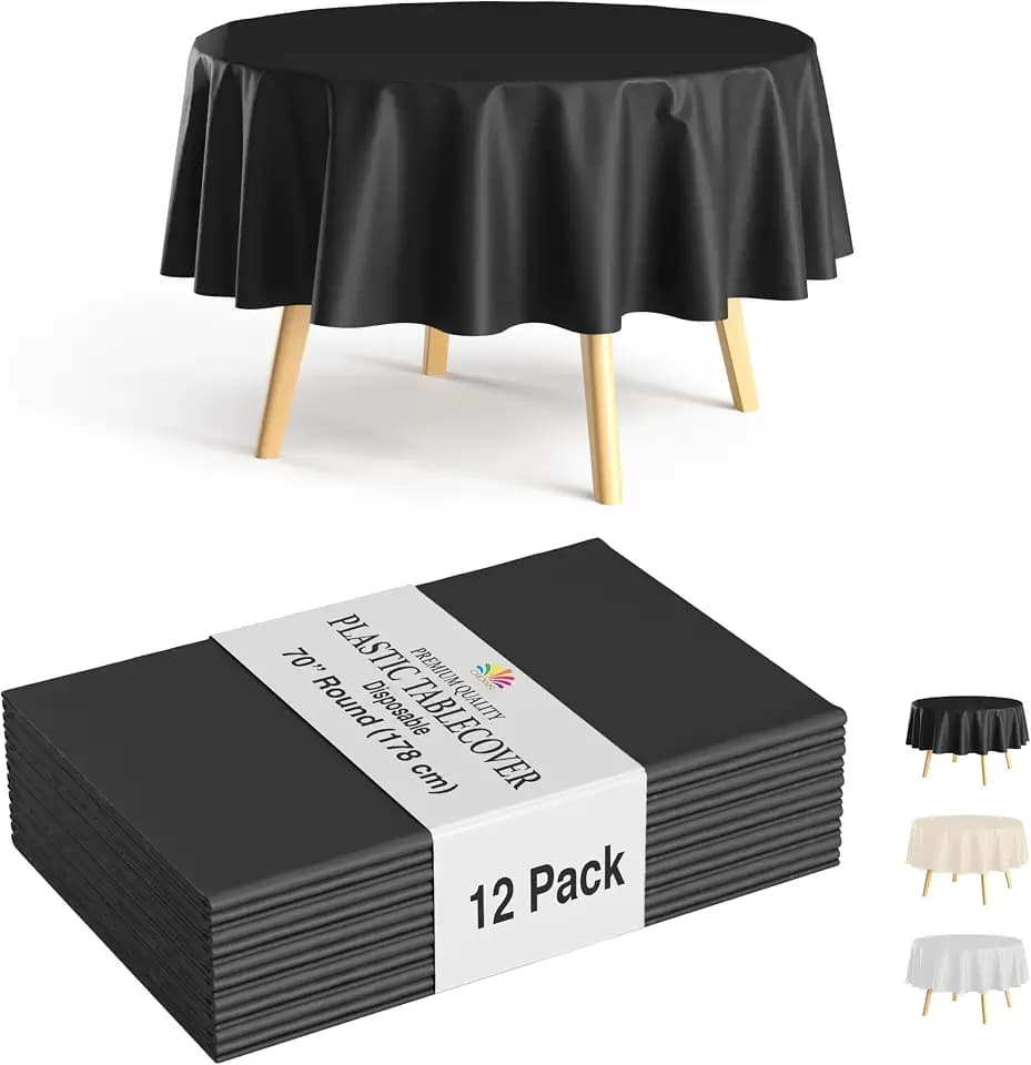 Party Solids 12-Pack Black Round Plastic Tablecloth Disposable – Size: 70 Inches – Round Plastic Table Cloths for Parties, Picnics & Formal Events