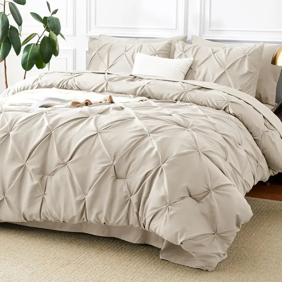 CozyLux Oversized King Comforter Set Beige, 7 Pieces Pintuck Bed in a Bag