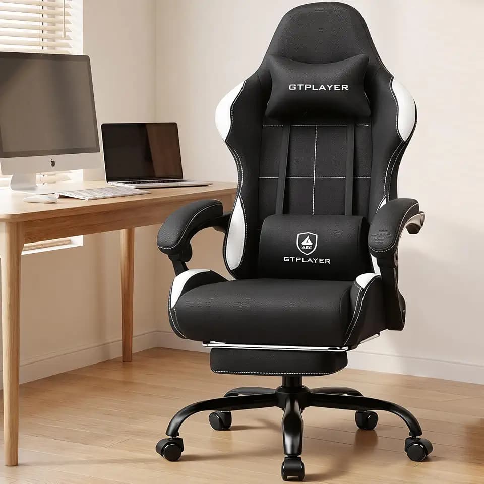 GTPLAYER Gaming Chair Fabric with Pocket Spring Cushion,Computer Office Chair with Lumbar Support for Adults Linkage Armrests and Footrest Ergonomic Gamings Chairs Height Adjustable DARKBLACK