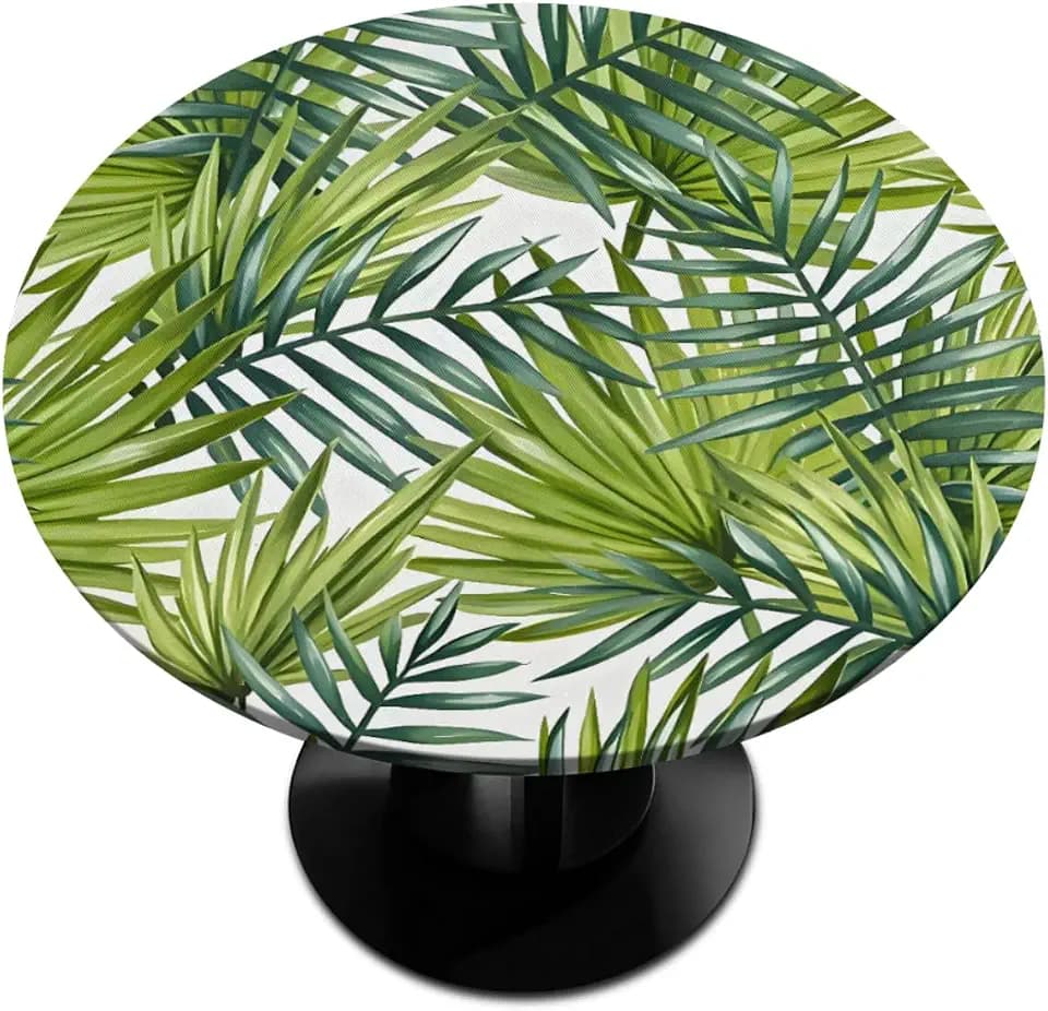 Pardick Tropical Poppy Leaf Round Fitted Tablecloth with Elastic Table Cover Round Elastic Tablecloth, Waterproof Wipeable Fitted Table Cloth, Fits Tables up to 45"-56" Diameter
