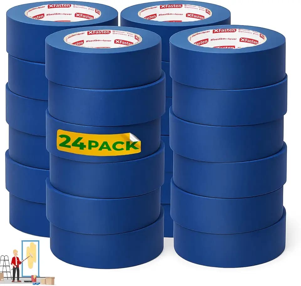 XFasten Blue Painter's Tape, 2 Inch x 60 Yards (24-Pack) Blue Painters Masking Tape Bulk - Sharp Edge Line Technology, Produces Sharp Lines | Residue-Free and Artisan Grade Wall Trim Tape