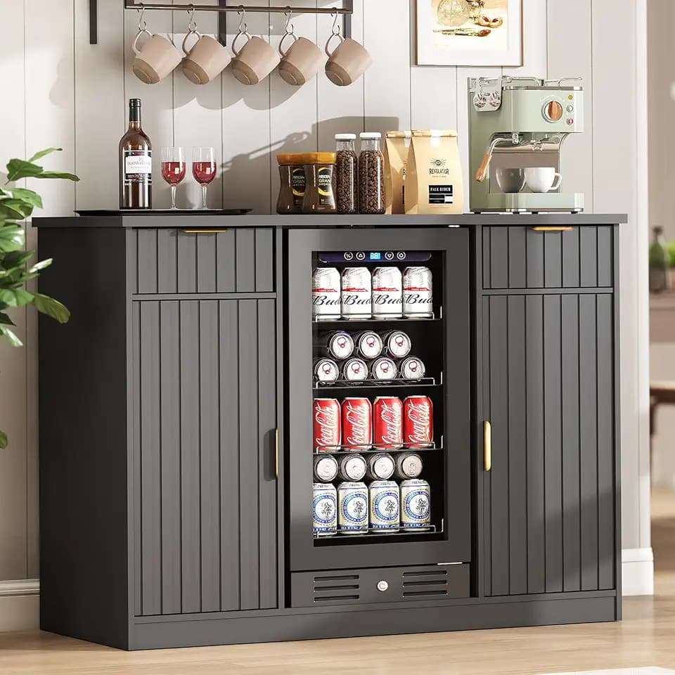 Lamtor Coffee Bar Cabinet with Fridge Space and Power Outlet, Black & Gold