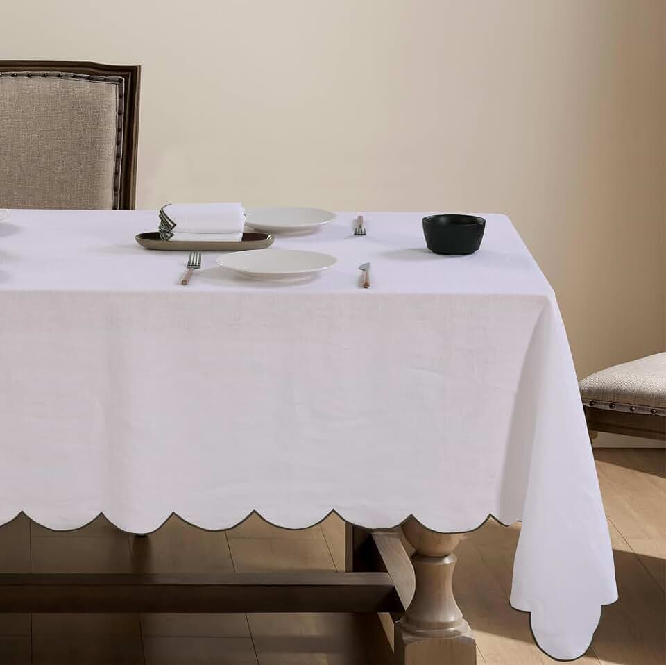 100% Pure Linen Scalloped Embroidery Rectangle Tablecloths 108Lx60W Inch for Dinners, Parties, Spring, Machine Washable, 8-10 Sets, White(Edges-Green)