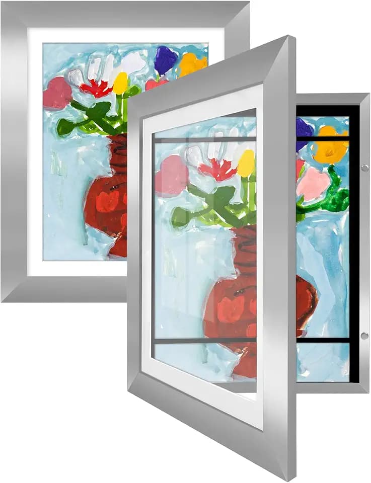 Americanflat - 2 Pack - Kids Artwork Frame Changeable (Silver) - Magnetic Door Holds 100 Art Pieces - 8.5x11 Letter Size Display with Mat or 10x12.5 Without Mat - My Mini Masterpiece