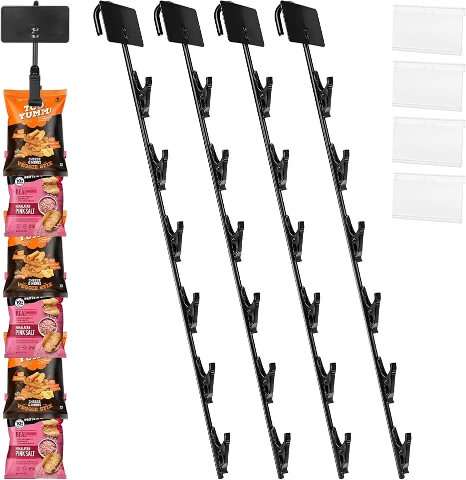 4PCS Hanging Merchandise Strips with Hooks 16.5" Chip Display Rack, Chip Strip Wall Mount for Snack Candy Portable Retail Organizer Storage Metal with Label Header