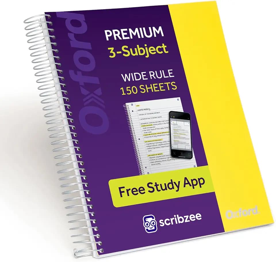 Oxford Spiral Notebook with Free Study App, 3 Subject, Wide Ruled, Ultra Smooth Paper, No Ink Bleed-Through, Strong Poly Yellow Cover, 3 Durable 2 Sided Pockets, 150 Easy Perforated 8.5" x 11" Sheets