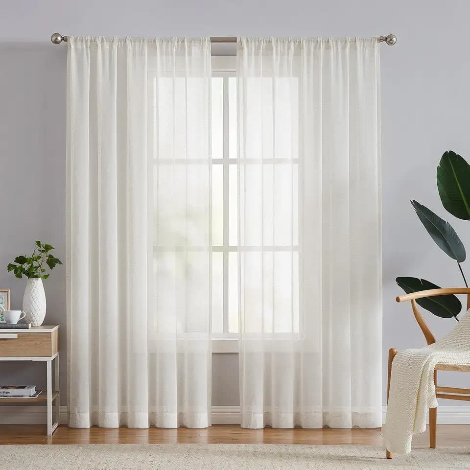 FMFUNCTEX Beige Linen Sheer Curtains, 108 Inches, 2 Panels for Bedroom