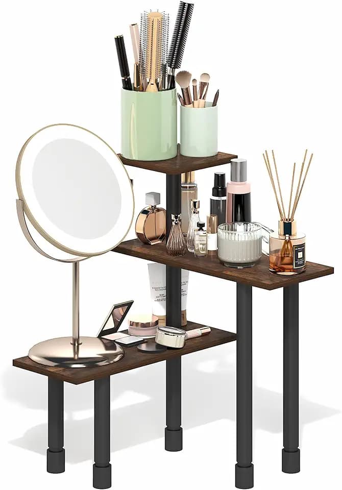 Furinno Turn-N-Tube Corner Shelf, 3-Tier Countertop Corner Organizer, Toolless Pantry Organizers and Accessories, Adjustable Table Top Shelf, for Vanity, Small Spaces, Kitchen, Bathroom, Amber Pine