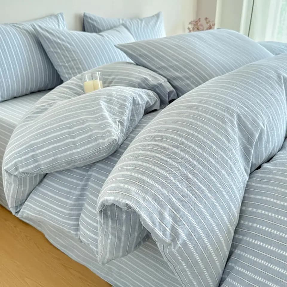 PinkMemory Blue Striped Duvet Cover Set Queen 100% Washed Cotton Blue Stripes Pattern Bedding Duvet Cover Set with Streak Pillowcases-Ultra Soft Breathable Zipper Closure Corner Ties