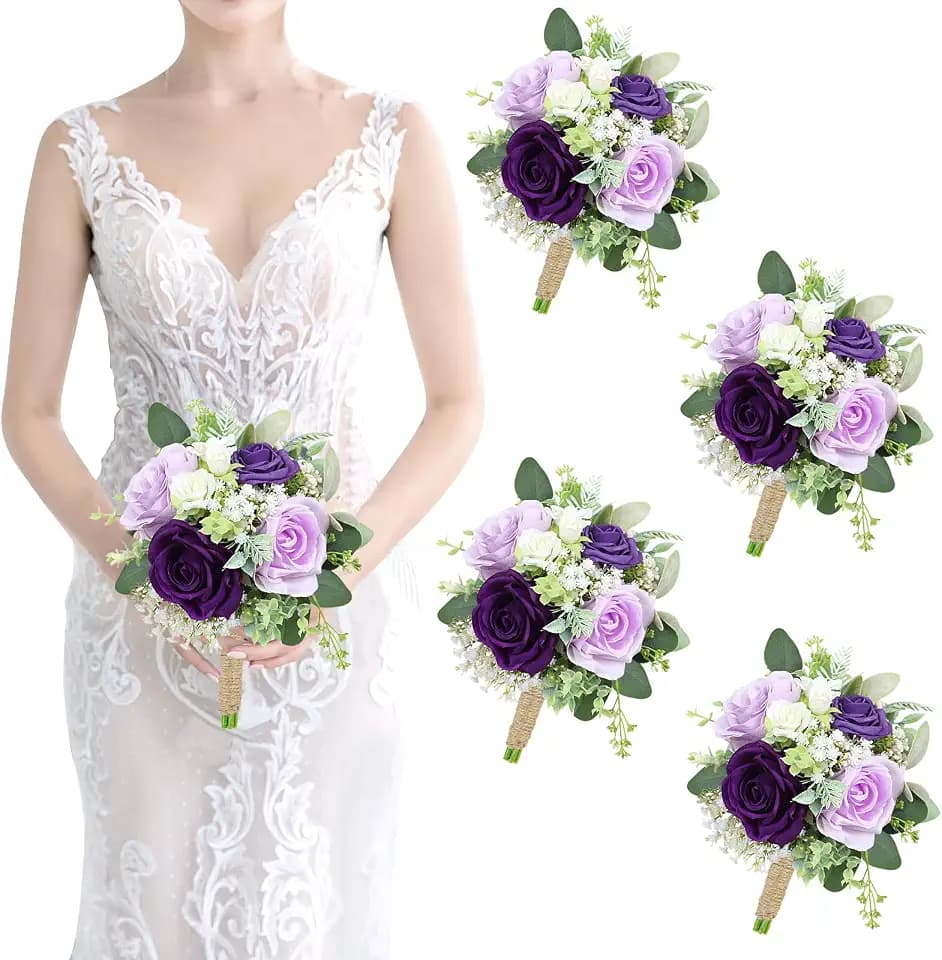 Bridesmaids Bouquets Flowers Set of 4 - Artificial Bridesmaid Bouquet Wedding 7 Inch Rustic Small Floral Centerpiece for Marriage Proposal Party Anniversary Dining Table Decor - Green & Purple
