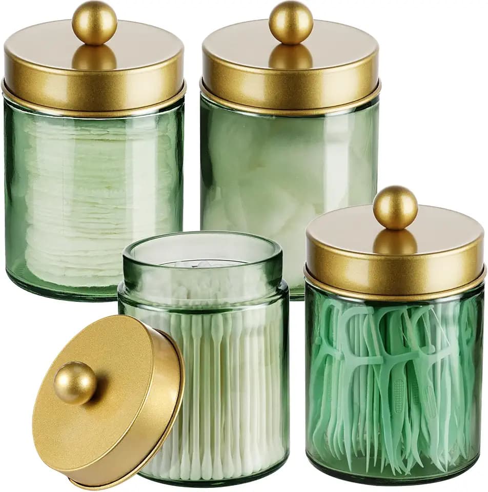 Amolliar Green Glass Apothecary Jar, Qtip Holder Bathroom Decor Gold 4 Pack