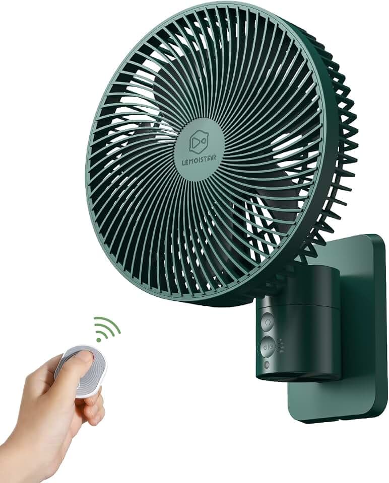 LEMOISTAR 8 Inch Small Wall Mounted Fan with Remote Control, 90° Oscillating, 4 Speeds High Velocity, Timer, Adjustable Tilt, 70 Inch Cord, Quiet, for RV Bedroom Home Office Garage-Green&Black
