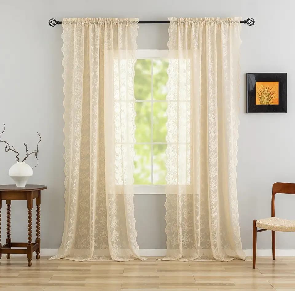 YJ YANJUN Vintage Lace Curtains 102 Inch Long-Victorian Floral Pattern Beige Sheer Curtain Panels for Living Room Home Office Light Filtering Ceiling to Floor for Large Window W52 X L102 Light Beige