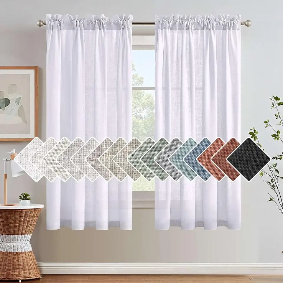 H.VERSAILTEX Linen Curtains Elegant Linen Blended Curtains Energy Efficient Light Filtering Rod Pocket Window Treatments Panels/Drapes for Living Room (Set of 2, Bright White, 52 inch W X 63 inch L)