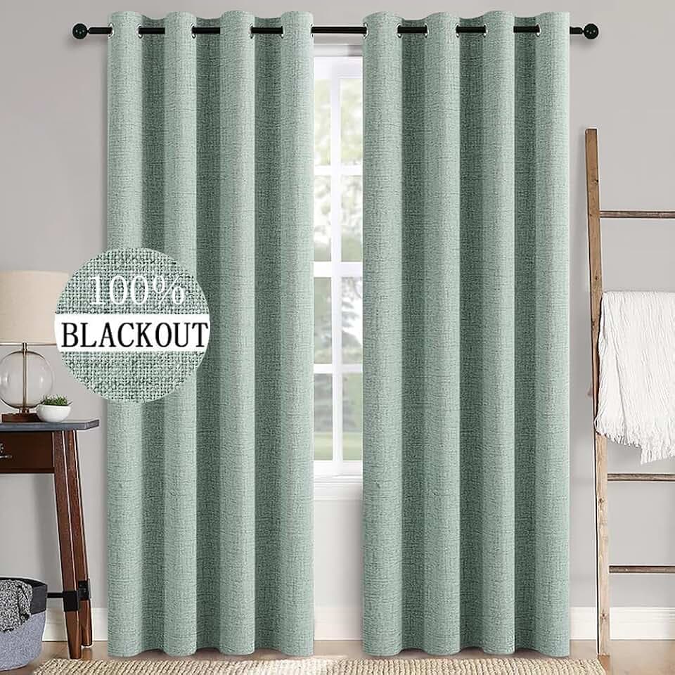 MIULEE 100% Blackout Linen Curtains for Bedroom 52x84 Inches Seafoam Green