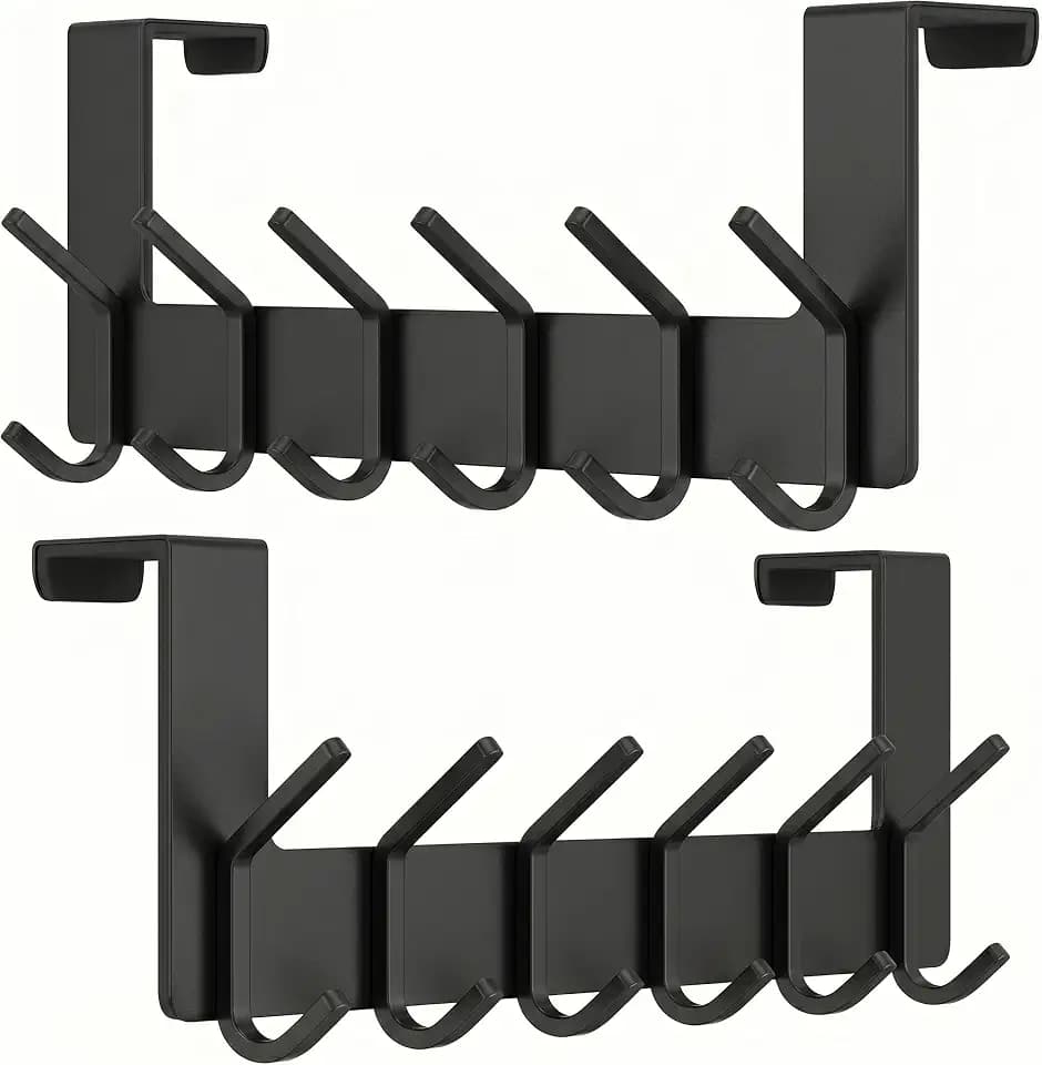 Over The Door Hooks – Heavy Duty Stainless Steel Door Hanger with 6 Double Hooks for Hanging Towels, Coats, Robes, Hats, Bags – No Drill Over Door Towel Rack for Bathroom & Bedroom (Black -2 Pack)