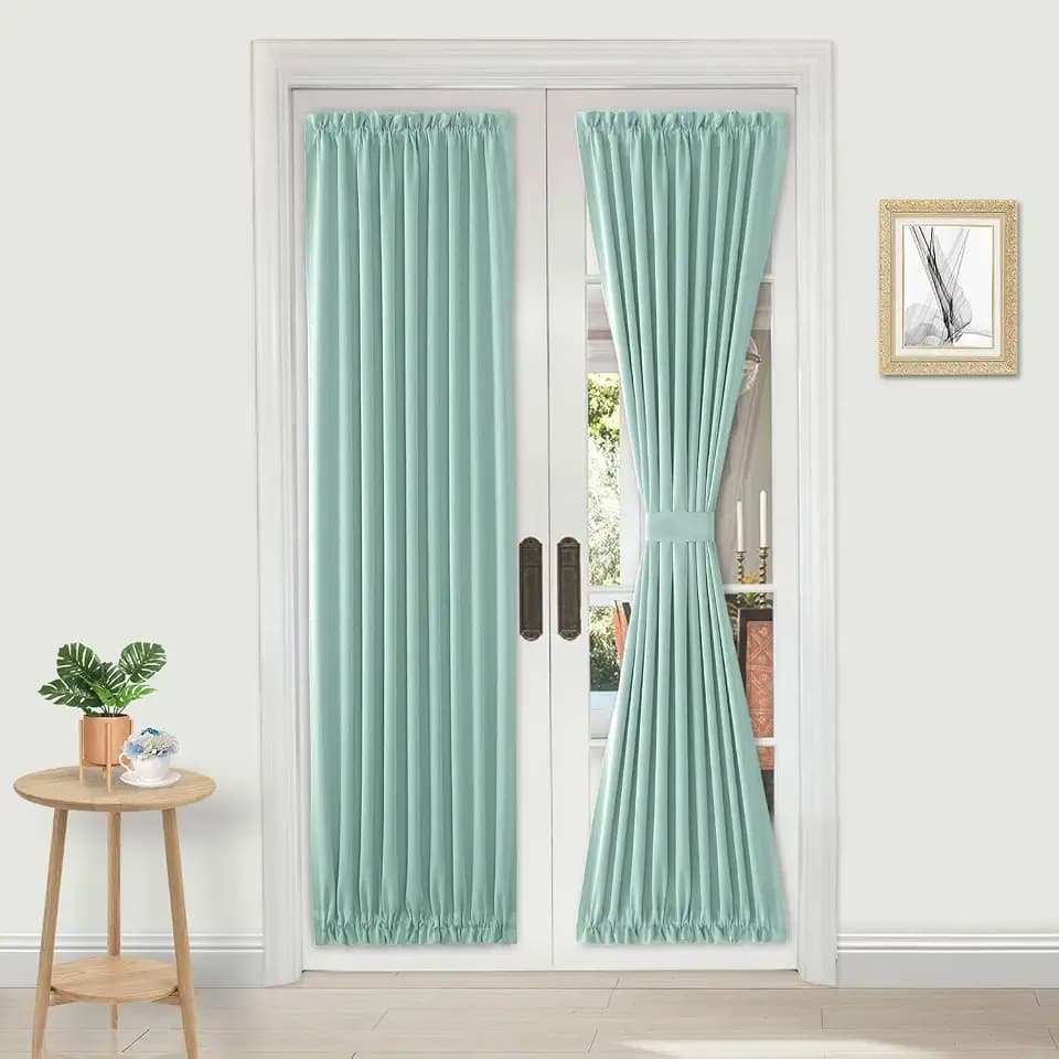 DWCN French Door Curtains – Rod Pocket Thermal Blackout Curtain for Doors with Glass Window, Kitchen and Patio Doors for Privacy, 25 X 72 Inches Long, 1 Curtain Panel with Tieback, Mint Green