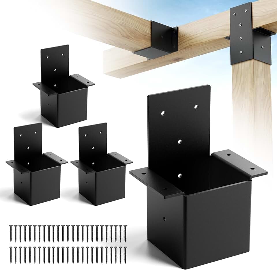 4 Pcs 4x4 Pergola Brackets for Wood Post, Heavy Duty 14 Gauge Post Top Rafter Brackets, Pergola Wall Mount Bracket Kit with Screws Black Deck Railing for Patio Pergola Log Cabin