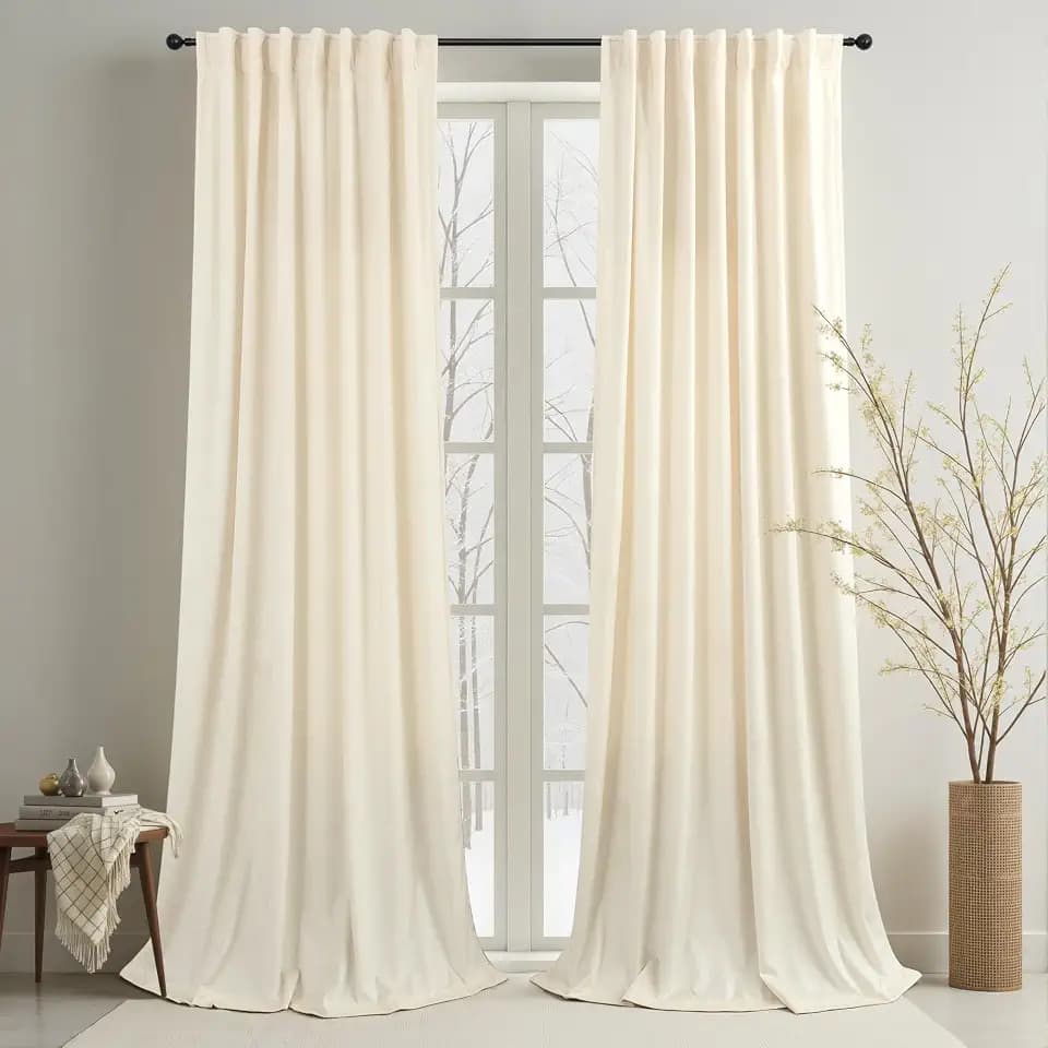 Cream Beige Velvet Curtain 90 Inches Long 2 Panels for Bedroom Semi Blackout Lightweight Farmhouse Cozy Retro Drape Floor to Ceiling Curtain for Living Dining Room Divider Villa Hall Cottage Apartment