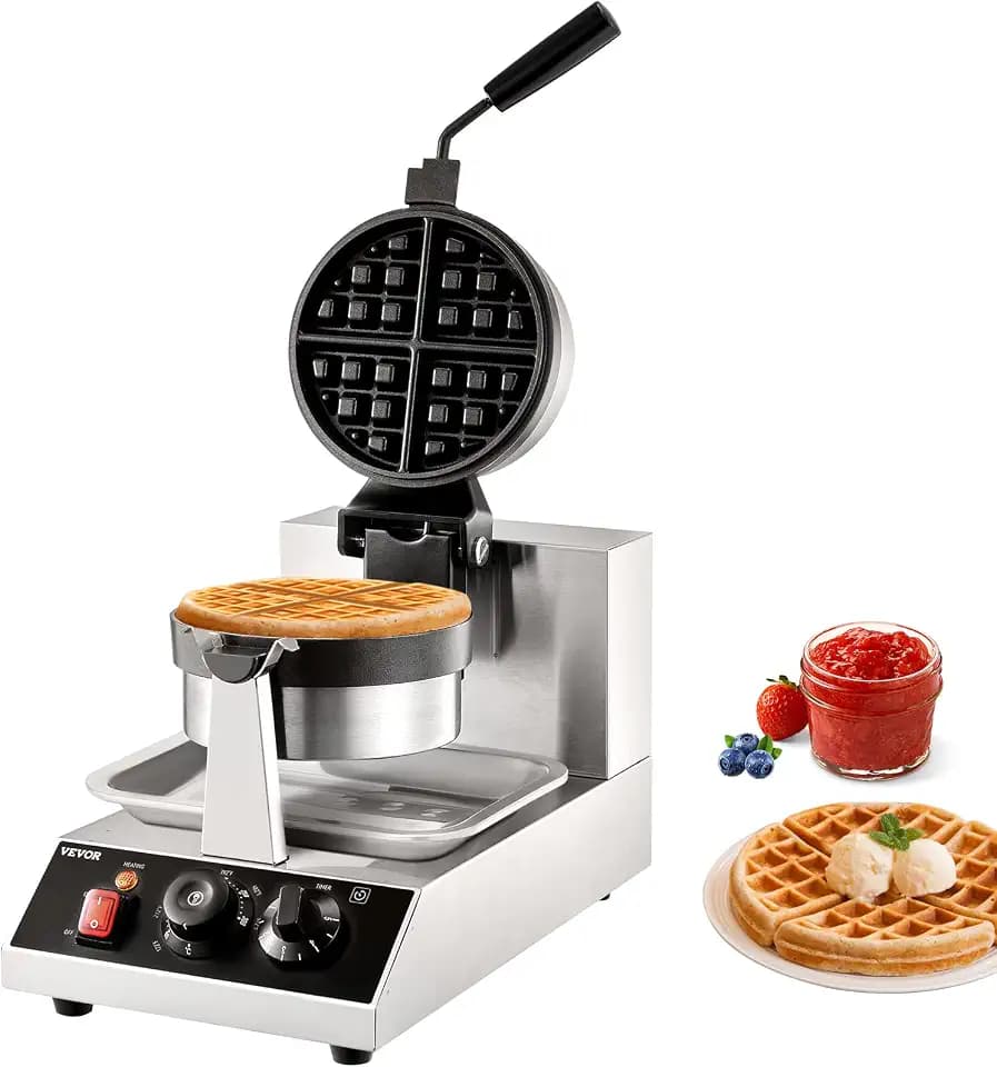VEVOR Commercial Waffle Maker, 1300W Round Waffle Iron, Non-Stick Rotatable Waffle Baker Machine With 122-572℉ Temp Range and Time Control, Teflon-Coated Baking Pan Stainless Steel Body 110V