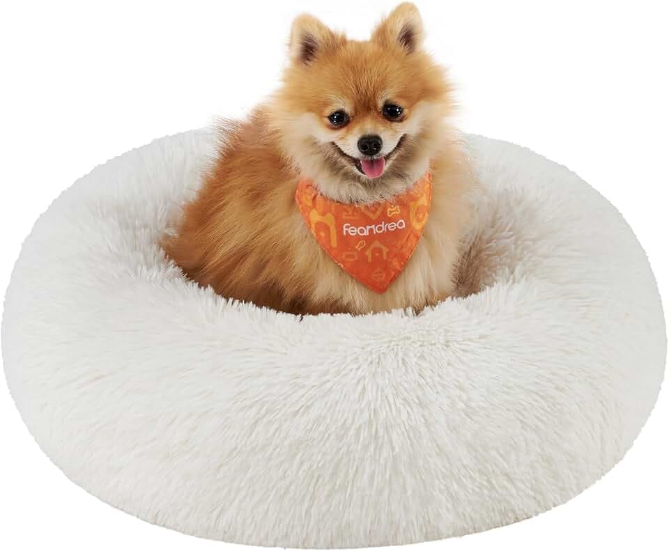 FEANDREA Hundebett flauschig, waschbar, Langer Plüsch, 60 cm Durchmesser