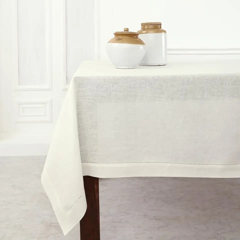 Solino Home 100% Pure Linen Tablecloth Ivory, Classic Hemstitch 54 x 72 in