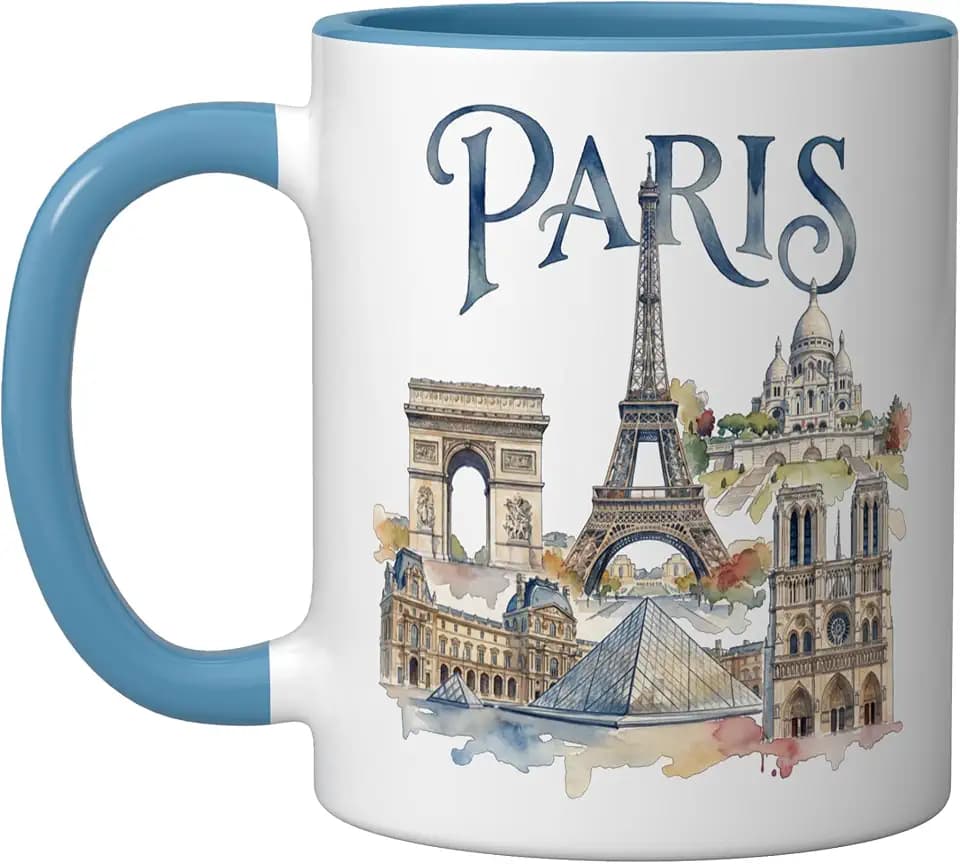 Paris France Landmarks Watercolor Ceramic Mug, Blue/White, 11oz