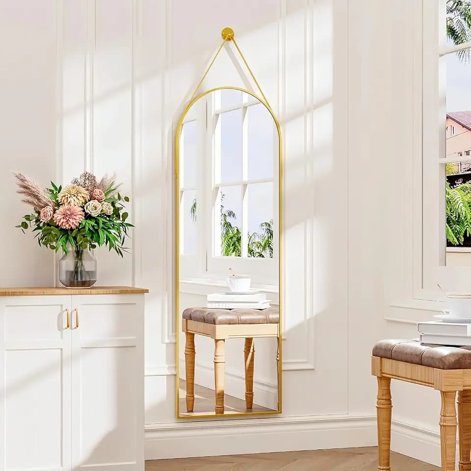 Dewfig 48"x16" Arched Full Length Mirror, Wall Mirror, Leather Strap, Gold