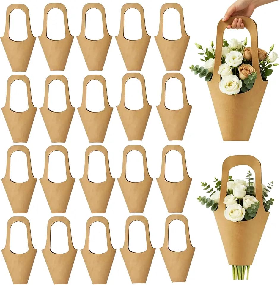 Bouquet Flower Gift Bags with Handle - 30 Pack Kraft Paper Bouquet Flower Hanging Wrapping Paper Gift Bags, Kraft Paper Flowers Gift Bags, Brown Paper Flower Wrapping Bags for Flower Arrangement Florist Shop Packaging Supplies