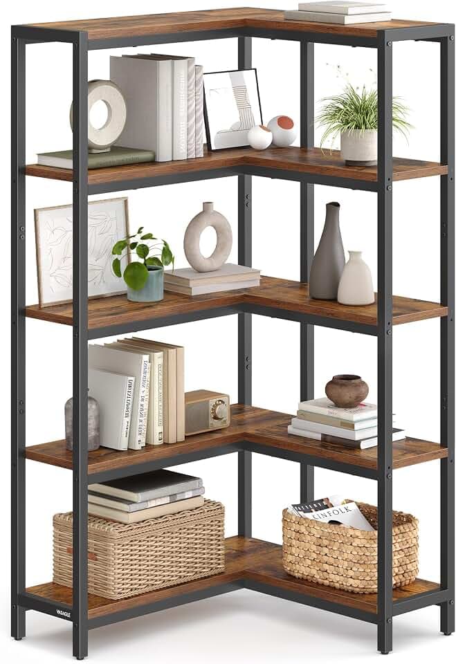 VASAGLE 5 Tier Bookshelf, Convertible Corner Shelf, 40.2 x 9.4 x 55.9 in