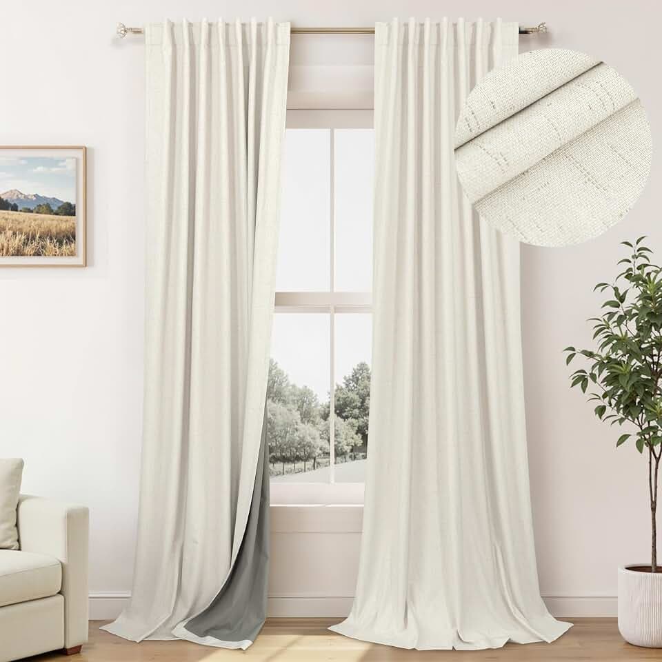 Custom Made Curtains 86 Inches Long for Bedroom 2 Panels Set Unique Faux Linen Blackout Curtain for 84-88 Inch Tall Window Black Out Drapes Living Room Modern Farmhouse Back Tab Rod Pocket Cream Ivory