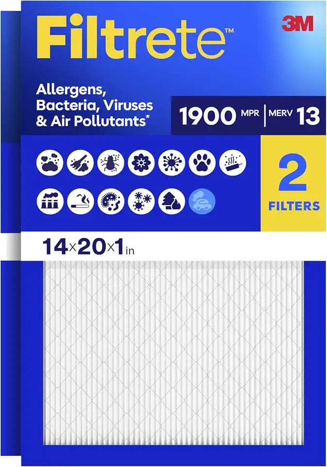 Filtrete 14x20x1 Air Filter, MERV 13 MPR 1900, Allergens, Bacteria, Viruses & Air Pollutants, 3-Month AC/Furnace Filters, Cleaner Air Reliable Airflow, 2 HVAC Filters(Act Size 13.62x19.62x0.78 in)