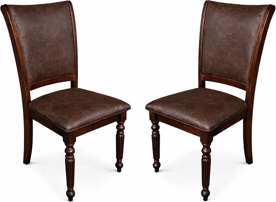 Traditional Dining Chairs, Set of 2, Expresso Finish with Dark Brown PU Leather Upholstered Seats Solid Rubberwood
