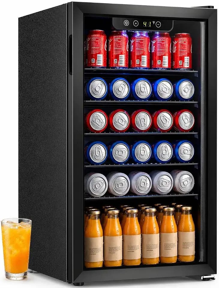 COWSAR Mini Fridge Cooler, 130 Can Beverage Refrigerator with Glass Door, ETL Approved Wine Fridge with Digital Temperature Control, LED Light, Reversible Door for Home, Office, Bar - 3.2 Cu.Ft