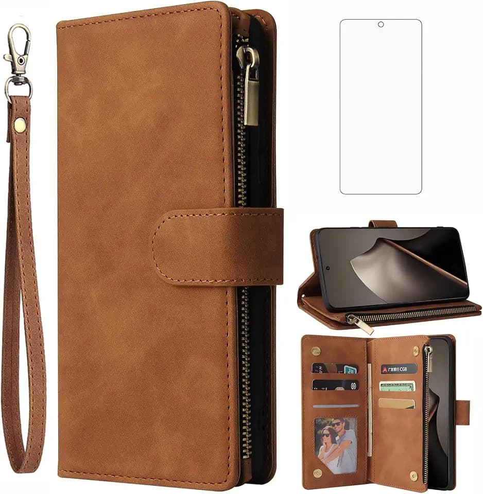 Asuwish Handyhülle für Xiaomi mi 15T Pro Hülle mit Folie Schutzfolie und Kartenfach Klappbar Leder Geldbörse Ständer Mi 15TPro 15 T T15 5G Handy Hüllen Schutzhülle Reißverschluss Phone Case Braun