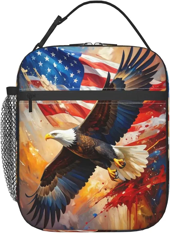 Flying Bald Eagle and Flag Insulated Lunch Bag for Adults Women Men, Leakproof Cooler Tote with Detachable Buckle Handle, Multi-Pocket Meal Prep for Office Work