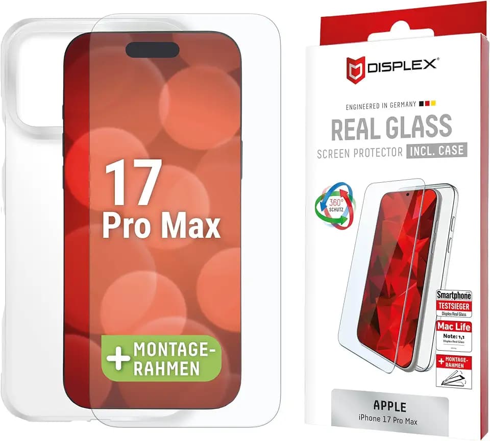 Schutzglas + Schutzhülle für iPhone 17 Pro Max (10H) Echtglas Montagerahmen