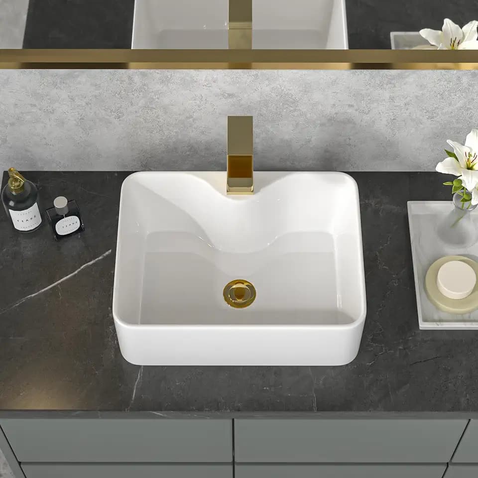 Sarlai Vessel Sink Rectangular - 16"x12" Rectangle Vessel Sink White Ceramic Porcelain Above Counter Bathroom Vanity Lavatory Restroom Bathroom Vessel Sink Basin