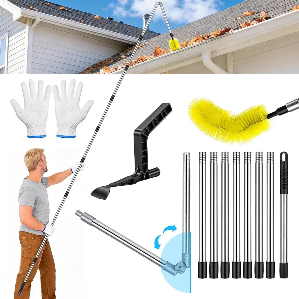 Hysagtek 13FT Upgraded Gutter Cleaning Tools - Adjustable Long-Reach Rain Gutter Cleaning Brush, No Ladder Needed Removes Leaf Debris from Roof Gutters, Leaf Cleaning Kit with Brushes & Shovel