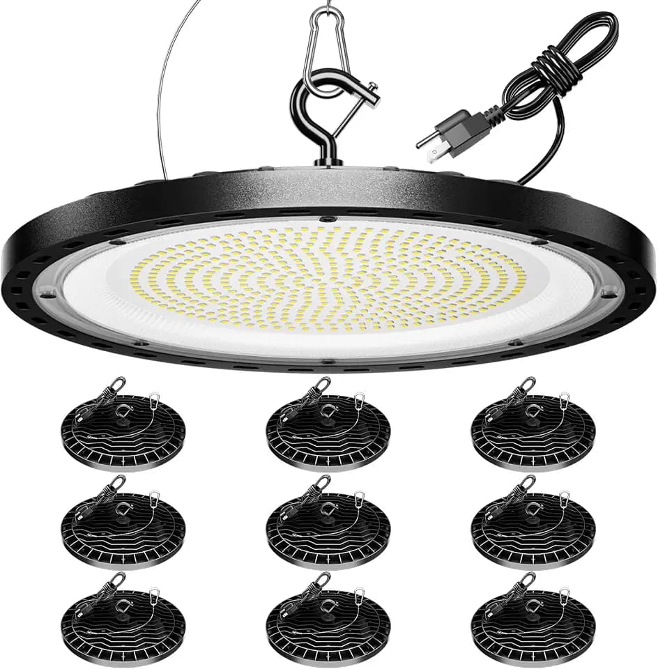 10 Pack 200W UFO LED High Bay Light, 29500lm 5000K Shop Lights for Warehouse, 5' Cable with Plug AC110-277V, Waterproof Commercial Lights for Barn Workshop Garage Factory Warehouse Gym ETL Listed